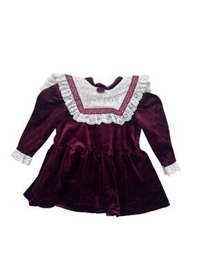 Vintage PRETTY AS A PICTURE Red Velvet Dress Size 3T Girls Lace Collar 1980s